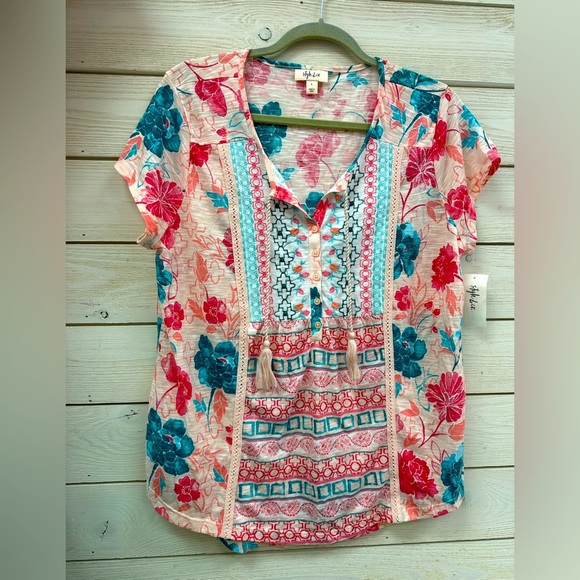 Style & Co Boho Floral Embroidered Tassel Blouse Top L NWT - Picture 2 of 8